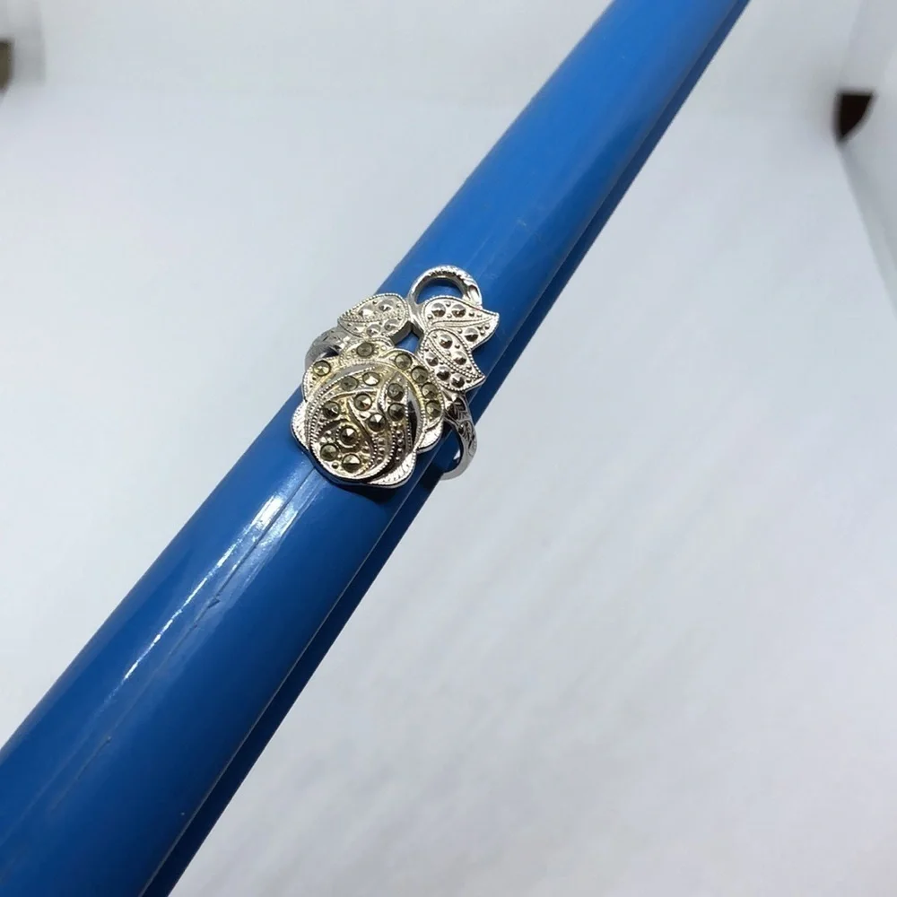 STERLING silver electroplated marcasite flower leaf ring sz 9 dressy costume